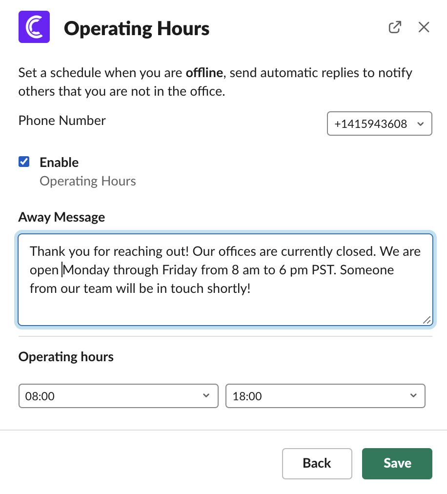 Slack SMS - Operating Hours