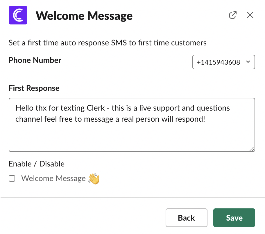 Slack SMS - Welcome Message